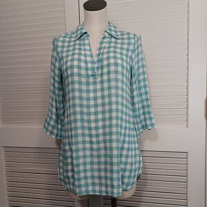 Soft Surroundings Tunic Green White Check Al Fresco Pullover Top Women's Small